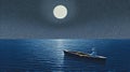 Rowing Under Full Moon: A Modernist Painting Royalty Free Stock Photo