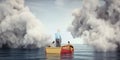 Man in a boat on sea getting through clouds