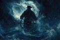 Man in Boat in Storm, A Fierce Battle With Natures Wrath, A ghostly sea captain standing at the wheel of a phantom ship lost in Royalty Free Stock Photo