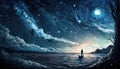 Man in a boat is swimming in the ocean at night. Starry sky, milky way. Abstract picture in the style of post-impressionism. Royalty Free Stock Photo