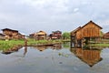 A man in a boat tensing to floating gardens at Inle Lake in Myanmar with wooden stilted houses in the background.