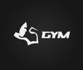 Man bodybuilder bust with inflated arm, white silhouette, gym trainer logo concept. Vector illustration