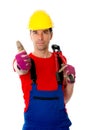 Man with bolt cropper on his shoulder and thumb up