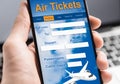 Man Booking Flight Tickets Online Using Smartphone Indoors, Closeup, Collage Royalty Free Stock Photo