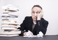 Man with books on desk struggle with writing on white background Royalty Free Stock Photo