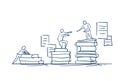 Man on books stack give helping hand education success concept podium winers on white background sketch doodle