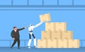 man boss and robot loader worker lifting cardboard boxes warehouse storage vetor Royalty Free Stock Photo