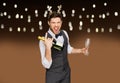 Man with bottle of champagne at christmas party Royalty Free Stock Photo