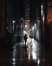 Man walking in dark alley in the ra Royalty Free Stock Photo