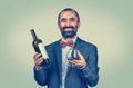 Man with bottle wine and glass in studio Royalty Free Stock Photo