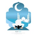 Man bow praying in front of mosque with crescent moon backgound, ramadan kareem, happy eid Royalty Free Stock Photo