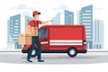 Man box online package courier business scooter fast delivery service speed motorcycle car Royalty Free Stock Photo