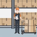 Man with boxes and hand pallet jack lift icon