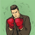 Man in boxing gloves vector illustration in comic pop art style. Businessman ready to fight and protect his business Royalty Free Stock Photo