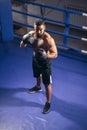 Man boxing workout on ring. Caucasian male boxer in black gloves