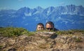 Man and boy hiding .Kitzbuhel peak,Austria.