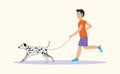 Man or boy running with dog breed Dalmatian. Vector illustration isolated on white