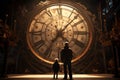 Man and boy stand in front of big clock. Generate Ai Royalty Free Stock Photo
