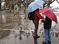 Man and boy are walking during rainy day in city of Konstanz, Germany. Royalty Free Stock Photo