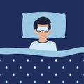 Man or boy witth sleep mask sleeping at night in pajamas in bed at home or in hotel.