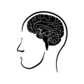 Man with brains. Line art doodle sketch. Black outline on white background. Vector illustration.