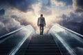 A man bravely ascends an escalator that seems to defy gravity and reaches towards the sky, Low angle view of businessman moving up