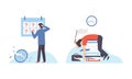 Man with Breaking Clock Dial Failing Handling Deadline and Timeline Vector Set