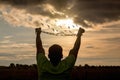 A man breaks the chain that crumbles into birds against the backdrop of a sunny sunset