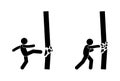 Man breaks wall, hand strike destroys concrete, strong kick with foot, icon set people overcome obstacles