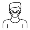 Man in breathing medical respiratory mask black line icon. Allergy. Flu, virus, epidemic prevention. Pictogram for web