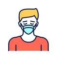 Man in breathing medical respiratory mask color line icon. Allergy. Flu, virus, epidemic prevention. Pictogram for web