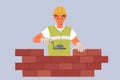 Man bricklayer builder builds brick wall using trowel with concrete mixture to secure blocks Royalty Free Stock Photo