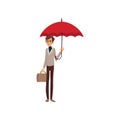 Man with briefcase standing under red umbrella, rainy weather concept cartoon vector Illustration Royalty Free Stock Photo