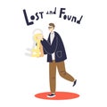 Man bringing stack of keys to lost and found service. Cartoon male character helping with loses Royalty Free Stock Photo
