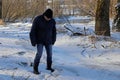 A man broke into the ice in winter. Dangerous thin ice