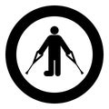Man with broken leg crutch cane gypsum foot stick using sticks person crutches trauma concept icon in circle round black color