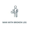 Man with broken leg,gypsum foot crutch vector line icon, linear concept, outline sign, symbol Royalty Free Stock Photo