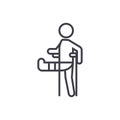 Man with broken leg, gypsum foot crutch vector line icon, sign, illustration on background, editable strokes