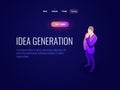 Man brooding isometric icon, male thinking, generating ideas, entrepreneur, businessman, brainstorm dark neon vector