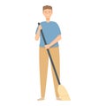 Man with broom cleaning tool icon cartoon vector. Indoor house cleaning equipment.