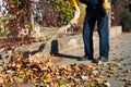 Man brooming the street to collect fallen leaves