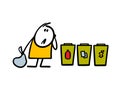 Man brought a bag of garbage and does not know where to throw it. Vector illustration of waste sorting, garbage cans