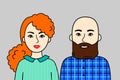 Man with brown beard and woman with red hair. Pair of friendly nice people, cartoon simple portrait.Two young adults. Vector flat