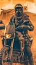 A man in brown who is on a motorcycle with sunglas. Generative AI