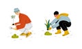 Man in Bucket Hat Working in Garden with Rake Cultivating Plant Vector Set