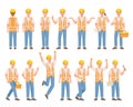 Man Builder Character in Hard Hat and Warnvest in Different Pose and Gesture Vector Set