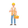 Man Builder Character in Hard Hat and Warnvest Holding Toolbox and Showing Thumb Up Vector Illustration Royalty Free Stock Photo
