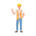 Man Builder Character in Hard Hat and Warnvest Standing and Indicating Finger Vector Illustration Royalty Free Stock Photo