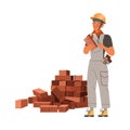 Man Builder Character Laying Bricks with Trowel Vector Illustration