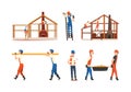 Man Builder Character in Overall and Hard Hat Building House Vector Set